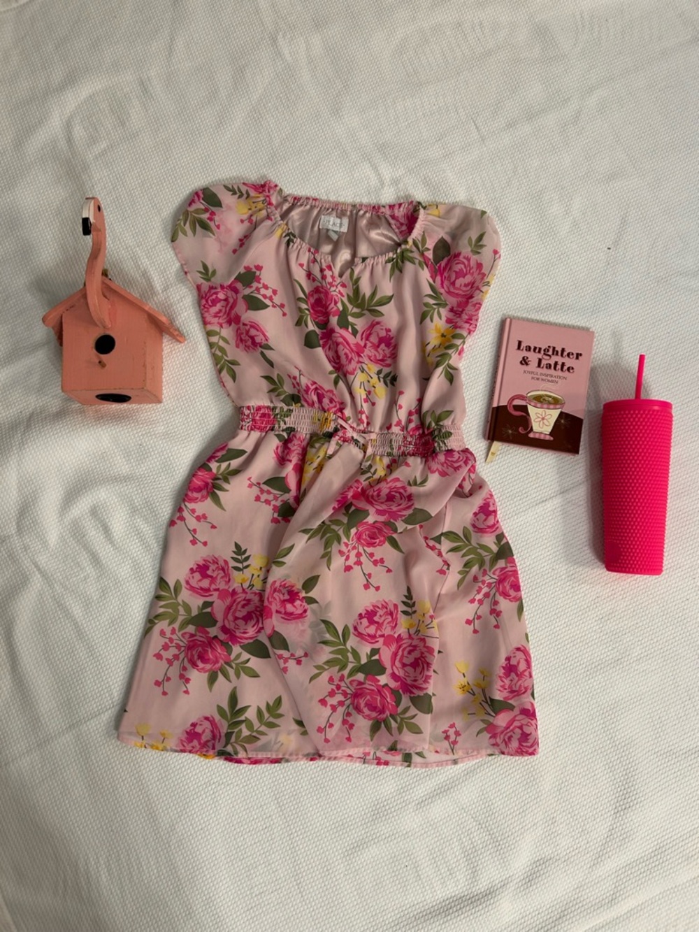 Girls Pink Floral Elastic-Waist Casual Dress